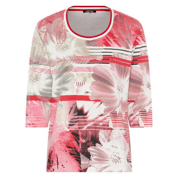 Olsen - Hannah - Round Neck 3/4 Sleeve Pink & Off White Tee (11104992)