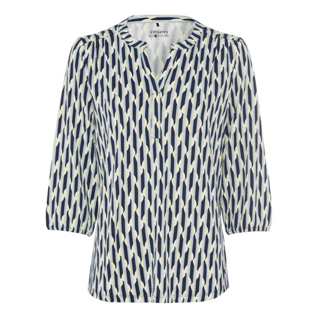 Olsen - Hannah - Round Neck with Short V 3/4 Sleeves in a Blue/Yellow Print (11105016)