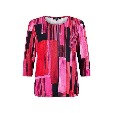 Sunday - 3/4 Sleeve Blouson Top in Bold Cerise & Black Print (6165-6156)