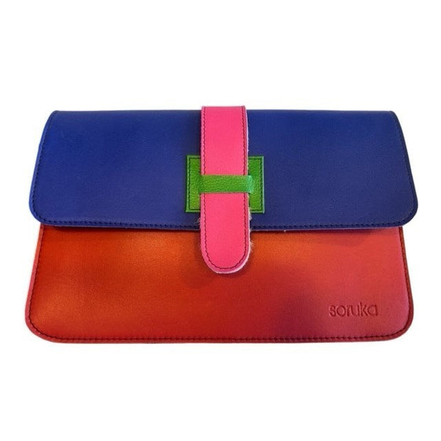 Soruka - Jana - Reverse Tab Red, Royal Blue & Grey Leather Shoulder/Cross body Bag