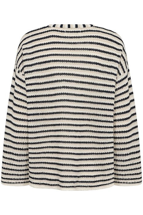 Part Two - NahniPW Long Sleeve V Neck Linen Stripe Jumper