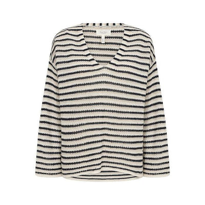 Part Two - NahniPW Long Sleeve V Neck Linen Stripe Jumper