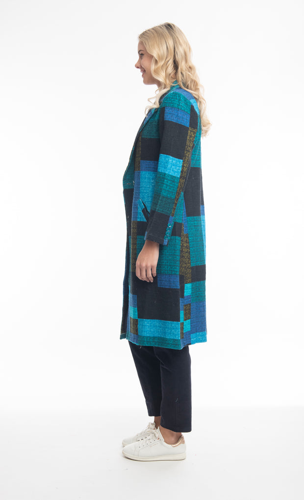 Orientique - Long Coat in Bold Tartan Patch Print (62654)