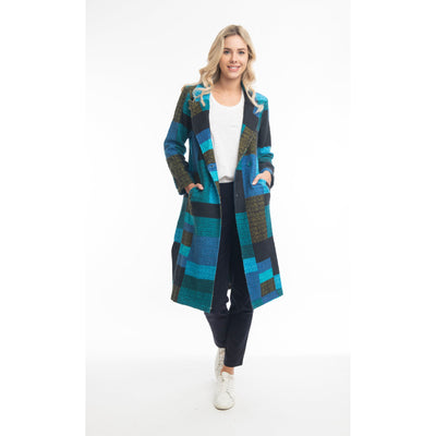 Orientique - Long Coat in Bold Tartan Patch Print (62654)