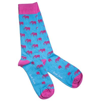 Swole Panda - Ladies Bamboo Socks - Turquoise with Pink Elephants  (SP355-S)