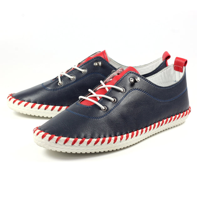 Lunar Shoes - Sandown Leather Plimsoll in Navy & Red – Gillie G's